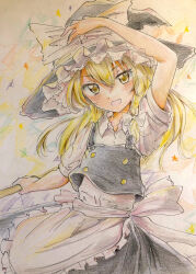 Rule 34 | 1girl, apron, black hat, black skirt, black vest, blonde hair, bow, braid, broom, buttons, colored pencil (medium), hair bow, hand on headwear, hat, hat bow, holding, holding broom, kirisame marisa, orya 422, shirt, short sleeves, single braid, skirt, solo, touhou, traditional media, vest, waist apron, white apron, white bow, white shirt, witch hat, yellow eyes