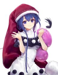 Rule 34 | 1girl, :3, ainy, animal ears, artist name, black capelet, blob, blue eyes, blue hair, blush, breasts, capelet, clenched hand, collarbone, commentary request, cowboy shot, doremy sweet, dress, hair between eyes, hands up, hat, highres, long hair, looking at viewer, medium breasts, nightcap, pom pom (clothes), red hat, simple background, smile, solo, tapir ears, touhou, twitter username, very long hair, white background, white dress