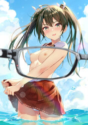 Rule 34 | 1girl, blush, commentary request, drying, drying clothes, glasses, green hair, grey-framed eyewear, hair ribbon, hakama, hakama short skirt, hakama skirt, highres, in water, japanese clothes, kanden sky, kantai collection, long hair, looking at viewer, miko, nipples, ocean, open mouth, panties, pantyshot, partially submerged, pov, ribbon, shallow water, skirt, standing, twintails, underwear, upper body, water, wet, wet clothes, wet hair, white panties, white ribbon, x-ray glasses, x-ray vision, yellow eyes, zuikaku (kancolle)