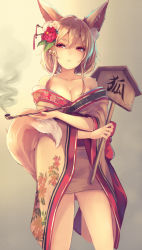 Rule 34 | 1girl, animal ears, bare shoulders, blonde hair, breasts, cleavage, eyebrows, flower, fox ears, hair flower, hair ornament, has bad revision, has cropped revision, holding, holding smoking pipe, japanese clothes, kimono, kiseru, md5 mismatch, nail polish, nakaichi (ridil), original, red eyes, red nails, resolution mismatch, short hair, smoking pipe, solo, source smaller, wide sleeves