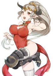 Rule 34 | 10s, 1girl, :d, aliza (granblue fantasy), armor, armored boots, armpits, bad id, bad twitter id, bare shoulders, boots, breasts, china dress, chinese clothes, cleavage, cleavage cutout, clothing cutout, covered navel, draph, dress, earrings, fang, female focus, forehead protector, from side, granblue fantasy, greaves, halterneck, headgear, high ponytail, horns, impossible clothes, impossible dress, jewelry, large breasts, leg lift, leg up, long hair, looking at viewer, mikurou (nayuta), nail polish, no panties, open mouth, perky breasts, pointy ears, ponytail, red eyes, side slit, silver hair, simple background, smile, solo, standing, standing on one leg, thighhighs, turtleneck, very long hair, white background, white thighhighs