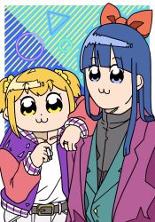 Rule 34 | 2girls, :3, arm on another&#039;s shoulder, belt, belt buckle, bkub, black shirt, blue eyes, blue hair, border, bow, buckle, cigarette, commentary, hair bow, hair ornament, hair scrunchie, highres, holding, holding cigarette, jacket, jewelry, long hair, looking at viewer, multicolored background, multiple girls, open clothes, open jacket, orange hair, outside border, pants, pipimi, poptepipic, popuko, purple jacket, red bow, ring, scrunchie, shirt, short hair, short twintails, sidelocks, suit jacket, turtleneck, twintails, two side up, upper body, vest, white border, white pants, white shirt, yellow eyes, yellow scrunchie