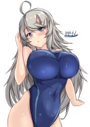 Rule 34 | 1girl, ahoge, blue eyes, blue one-piece swimsuit, blush, breasts, competition swimsuit, covered navel, dated, grey hair, head tilt, highres, huge breasts, impossible clothes, impossible swimsuit, kantai collection, long hair, looking at viewer, montemasa, one-piece swimsuit, open mouth, solo, swimsuit, twitter username, upper body, washington (kancolle), wet, wet clothes, wet swimsuit, white background