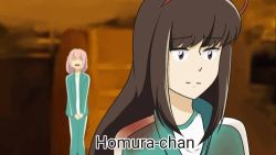 2girls akemi_homura crossover english_text erbezdiez female_focus hime_cut jumpsuit kaname_madoka lowres mahou_shoujo_madoka_magica mahou_shoujo_madoka_magica_(anime) multiple_girls open_mouth parody smile squid_game subtitled