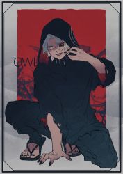 Rule 34 | 1boy, absurdres, black nails, black pants, black robe, black sclera, colored sclera, grey background, grey hair, hand up, highres, huge filesize, ichi asakura, long sleeves, lower teeth only, male focus, nail polish, on one knee, pants, parted bangs, red background, red eyes, robe, sandals, short hair, solo, takizawa seidou, teeth, toenail polish, toenails, tokyo ghoul, tokyo ghoul:re, torn clothes, two-sided fabric