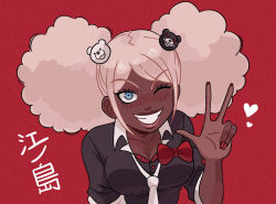 Rule 34 | 1girl, afro, afro puffs, alternate skin color, bear hair ornament, black bra, black shirt, blonde hair, blue eyes, blush, bow, bowtie, bra, breasts, collarbone, danganronpa: trigger happy havoc, danganronpa (series), danganronpa another episode: ultra despair girls, dark-skinned female, dark skin, eyeliner, fake nails, fingernails, grin, hair ornament, heart, heart (symbol), highres, japanese text, kiana mai, large breasts, lips, long fingernails, looking at viewer, makeup, nail polish, necktie, one eye closed, prototype design, red background, red bow, red bra, red nails, second generation enoshima junko, shirt, sleeves rolled up, smile, teeth, translation request, twintails, underwear, upper body, w, wink
