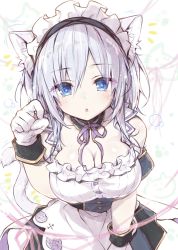 Rule 34 | 1girl, animal ear fluff, animal ears, bare shoulders, blue eyes, blush, breasts, cat tail, cleavage, collarbone, dress, flower print, frilled dress, frills, gloves, hair between eyes, highres, himeji shirayuki, konomi (kino konomi), large breasts, leaning forward, liar liar, looking at viewer, maid, maid headdress, medium hair, open mouth, paw pose, pink ribbon, ribbon, solo, tail, white gloves