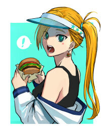 Rule 34 | !, 1girl, aqua background, aqua eyes, b suke, black tank top, blonde hair, burger, burger earrings, calamity jane (fate), fate/grand order, fate (series), food, highres, holding, holding food, jacket, jacket partially removed, looking at viewer, medium hair, one side up, open mouth, simple background, solo, spoken exclamation mark, star (symbol), tank top, upper body, visor cap, white jacket