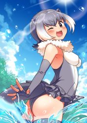Rule 34 | 1girl, :3, animal ears, bare shoulders, blush, brown eyes, cowboy shot, elbow gloves, fingerless gloves, from behind, fur collar, gloves, grey gloves, grey hair, grey one-piece swimsuit, grey thighhighs, highres, kamuraaa 615, kemono friends, looking at viewer, multicolored hair, one-piece swimsuit, one eye closed, open mouth, otter ears, otter girl, otter tail, short hair, sleeveless, small-clawed otter (kemono friends), solo, splashing, swimsuit, tail, thighhighs, two-tone hair, water, white fur, white hair, zettai ryouiki