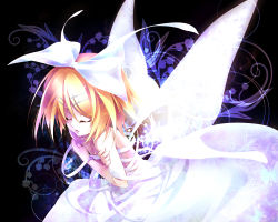 Rule 34 | 1girl, bad id, bad pixiv id, bellflower, black background, blonde hair, bow, breasts, butterfly wings, closed eyes, covering breasts, covering privates, crossed arms, dress, flower, hair bow, hair ornament, hairclip, highres, insect wings, kagamine rin, off shoulder, short hair, solo, ueno tsuki, vocaloid, white dress, wings
