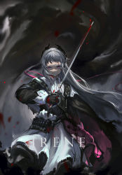 Rule 34 | 1girl, absurdres, ammunition belt, arknights, black gloves, black jacket, blood, blood from mouth, blood on face, capelet, character name, clenched teeth, cowboy shot, dark background, earrings, furioso, gloves, grey eyes, grey hair, head wings, high-waist skirt, highres, holding, holding sword, holding weapon, irene (arknights), jacket, jewelry, lantern, long hair, long sleeves, looking at viewer, parted lips, print skirt, purple skirt, scar, scar across eye, scar on face, skirt, solo, sword, teeth, very long hair, weapon, white capelet, white skirt, wings