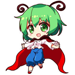 Rule 34 | 1girl, :d, antennae, blue shorts, blush stickers, cape, chibi, eyebrows, frilled shorts, frills, full body, green eyes, green hair, juliet sleeves, long sleeves, looking at viewer, lowres, open mouth, outstretched arms, puffy shorts, puffy sleeves, red cape, red footwear, renren (ah renren), revision, shirt, shoes, short hair, shorts, simple background, smile, solo, spread arms, touhou, white background, white legwear, white shirt, wriggle nightbug