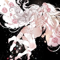 Rule 34 | 2girls, ankleband, ass, black background, blonde hair, cape, eye contact, closed eyes, flower, from side, grey hair, long hair, looking at another, mamaloni, multiple girls, original, pink flower, pink rose, rose, sparkle, thighhighs, tongue, tongue out, very long hair, white cape, white legwear, yuri