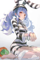 Rule 34 | 1girl, 1other, absurdres, animal ears, blue hair, bound, bound legs, bound wrists, carrot, chain, closed mouth, collar, cuffs, don-chan (usada pekora), full body, green eyes, highres, hikimayu, hololive, karasuro, long hair, long sleeves, looking at viewer, looking to the side, messy hair, multicolored hair, prison clothes, rabbit ears, sidelocks, sideways glance, sitting, thighs, twintails, two-tone hair, usada pekora, usada pekora (prisoner), virtual youtuber, wariza, white background