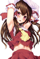 Rule 34 | 1girl, armpits, arms up, ascot, bare shoulders, blush, bow, breasts, brown hair, commentary request, cowboy shot, detached sleeves, frilled bow, frilled shirt collar, frills, groin, hair between eyes, hair bow, hair tubes, hakurei reimu, japanese clothes, kaeranu kaeru, long hair, looking at viewer, medium breasts, midriff, miko, navel, nontraditional miko, open mouth, presenting armpit, red bow, red eyes, red shirt, red skirt, ribbon-trimmed sleeves, ribbon trim, shirt, sidelocks, simple background, skirt, sleeveless, sleeveless shirt, solo, standing, touhou, white background, white sleeves, yellow ascot