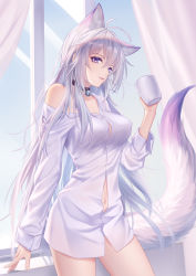 Rule 34 | 1girl, absurdres, animal ears, antenna hair, bare shoulders, bell, black choker, breasts, choker, commentary request, cowboy shot, cup, fox ears, fox tail, hair between eyes, hand up, highres, holding, holding cup, kirby d a, long hair, long sleeves, looking at viewer, medium breasts, mug, navel, neck bell, off shoulder, original, parted lips, purple eyes, shirt, silver hair, solo, standing, tail, thighs, very long hair, white shirt