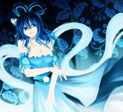 Rule 34 | 1girl, absurdres, adapted costume, blue eyes, blue hair, blue theme, breasts, cleavage, detached sleeves, dress, floral background, hagoromo, hair between eyes, hair ornament, hair rings, hair stick, highres, hisin, kaku seiga, large breasts, long hair, looking away, off-shoulder dress, off shoulder, pale skin, parted lips, puffy short sleeves, puffy sleeves, shawl, short sleeves, smile, solo, touhou