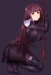 Rule 34 | 1girl, artist request, ass, blush, bodysuit, breasts, fate/grand order, fate (series), female focus, highres, kneeling, large breasts, long hair, looking at viewer, polearm, purple hair, red eyes, scathach (fate), scathach (fate), see-through, solo, spear, weapon