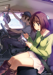 Rule 34 | 2girls, :d, ?, annoyed, belt, between breasts, blouse, blush, bob cut, boots, breasts, brown eyes, brown hair, brown legwear, cabbie hat, car, car interior, cellphone, commentary request, denim, green shirt, hat, holding, holding phone, jeans, jewelry, kneehighs, long sleeves, magazine (object), miniskirt, motor vehicle, multiple girls, necklace, open mouth, original, pants, phone, polka dot, reading, revision, right-hand drive, seatbelt, shirt, short hair, sitting, skirt, smartphone, smile, socks, steering wheel, sunlight, sweat, twitter username, vania600, vehicle, watch, window, wristwatch