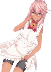 Rule 34 | 1girl, absurdres, apron, apron lift, bell, chloe von einzbern, clothes lift, collar, commentary request, dark-skinned female, dark skin, fate/grand order, fate/kaleid liner prisma illya, fate (series), folded ponytail, gekka (luna gekka), hand on own face, highres, jingle bell, lifting own clothes, long hair, naked apron, pink eyes, pink hair, simple background, smile, solo, thigh strap, white apron, white background