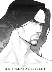 Rule 34 | 10s, 1boy, beard, collarbone, copyright name, dreyfus, english text, expressionless, facial hair, gamigamimissile, greyscale, hendricksen, long hair, looking at viewer, male focus, monochrome, nanatsu no taizai, simple background, solo, upper body, white background