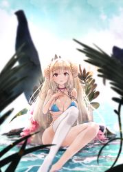 Rule 34 | 1girl, absurdres, azur lane, bare shoulders, bikini, blue bikini, braid, breasts, cleavage, daran9, double bun, female focus, formidable (azur lane), formidable (the lady of the beach) (azur lane), hair bun, highres, huge filesize, large breasts, long hair, looking at viewer, navel, official alternate costume, red eyes, single thighhigh, smile, solo, swimsuit, thighhighs, very long hair, water