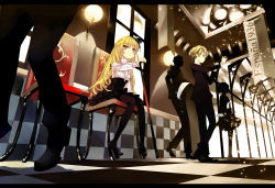 Rule 34 | 1boy, 1girl, bad id, bad pixiv id, blonde hair, cane, chair, flag, hallway, hat, letterboxed, long hair, mini hat, mini top hat, original, pantyhose, perspective, shadow, shunsei (muratou), sitting, spanish text, text focus, top hat, yellow eyes