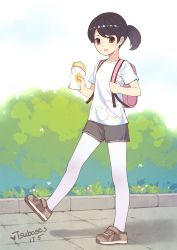 Rule 34 | 1girl, :d, absurdres, artist name, backpack, bag, black hair, blush, brown eyes, brown footwear, bush, collarbone, dated, food, full body, grey shorts, heart, highres, holding, holding food, leg up, looking at viewer, open mouth, original, outdoors, pantyhose, pantyhose under shorts, path, road, shirt, shoes, short hair, short ponytail, shorts, simple background, smile, solo, standing, standing on one leg, swept bangs, tareme, tsubasa tsubasa, white background, white pantyhose, white shirt, wrapper