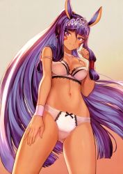 Rule 34 | 1girl, absurdres, animal ears, blunt bangs, bra, breasts, cleavage, cowboy shot, dark-skinned female, dark skin, earrings, facial mark, fate/grand order, fate (series), from below, gradient background, hair tubes, hand on own thigh, hand up, highres, hoop earrings, jewelry, lace, lace-trimmed bra, lace trim, long hair, looking at viewer, mashuu (neko no oyashiro), medium breasts, navel, necklace, nitocris (fate), nitocris (fate/grand order), nitocris (swimsuit assassin) (fate), nitocris (swimsuit assassin) (third ascension) (fate), panties, ponytail, purple hair, scan, sidelocks, simple background, smile, solo, stomach, strap slip, tiara, underwear, underwear only, very long hair, white bra, white panties, wristband