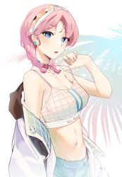 Rule 34 | 1girl, absurdres, arknights, bare shoulders, blue eyes, blue poison (arknights), blue poison (shoal beat) (arknights), breasts, cleavage, commentary, crop top, earrings, hairband, highres, jacket, jewelry, looking at viewer, medium breasts, midriff, navel, off shoulder, open clothes, open jacket, parted lips, pink hair, pomerui, short hair, solo, spaghetti strap, sports bra, stomach, strap pull, upper body, white background, white jacket