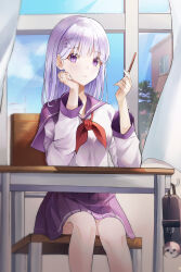 Rule 34 | 1girl, absurdres, bag, blue sky, blush, chair, classroom, closed mouth, commentary, curtains, day, desk, food, fu u03, hair behind ear, hair ornament, head rest, highres, holding, holding food, holding pocky, indoors, light particles, long hair, long sleeves, looking at viewer, maplestory, neckerchief, original, pleated skirt, pocky, purple eyes, purple hair, purple sailor collar, purple serafuku, purple skirt, red neckerchief, sailor collar, school bag, school chair, school desk, school uniform, serafuku, shirt, sitting, skirt, sky, solo, white shirt, window, x hair ornament
