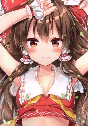 Rule 34 | 1girl, absurdres, arms up, breasts, brown eyes, brown hair, cleavage, closed mouth, collarbone, hair tubes, hakurei reimu, highres, lips, long hair, looking at viewer, lying, medium breasts, on back, riichu, scan, shiny skin, simple background, sleeveless, smile, solo, touhou, upper body, wrist cuffs