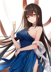 Rule 34 | 1girl, bare shoulders, bison cangshu, blue dress, blush, breasts, brown eyes, brown hair, champagne flute, collarbone, commentary request, cowboy shot, cup, dress, drink, drinking glass, hair between eyes, hermes (warship girls r), highres, holding, holding cup, large breasts, long hair, looking at viewer, shawl, side slit, sidelocks, smile, solo, standing, very long hair, warship girls r