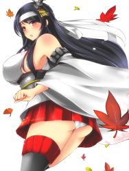 Rule 34 | 10s, 1girl, ass, bare shoulders, black hair, blush, breasts, covered erect nipples, detached sleeves, en (paorasuteki), female focus, fusou (kancolle), fusou kai ni (kancolle), hair ornament, headband, highres, huge breasts, japanese clothes, kantai collection, long hair, looking back, nontraditional miko, open mouth, panties, pantyshot, red eyes, simple background, skirt, solo, standing, thighhighs, underwear, white background