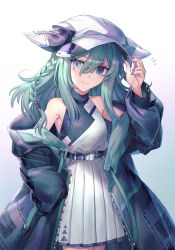 Rule 34 | 1girl, absurdres, bad id, bad pixiv id, bare shoulders, belt, black coat, blue eyes, braid, closed mouth, coat, cowboy shot, dress, fingernails, green coat, green hair, grey eyes, hand on headwear, hand on own hip, hand up, hat, heterochromia, highres, long hair, long sleeves, looking at viewer, nail polish, off-shoulder coat, off shoulder, open clothes, open coat, original, pleated dress, purple nails, shichigatsu, side braid, simple background, sleeveless, sleeveless dress, sleeves past fingers, sleeves past wrists, slit pupils, smile, solo, white background, white dress, white hat