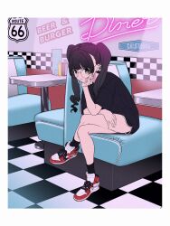 Rule 34 | 1girl, acubi tomaranai, air jordan, air jordan 1, black hair, black shirt, black shorts, black socks, booth seating, checkered floor, closed mouth, commission, crossed legs, diner, dolphin shorts, ear piercing, head rest, high tops, highres, indoors, long hair, looking at viewer, nike (company), off-white (brand), original, piercing, route 66, shirt, shoes, short shorts, shorts, sitting, skeb commission, smile, sneakers, socks, solo, table, twintails, yellow eyes