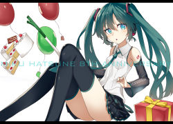 Rule 34 | 1girl, aqua eyes, bad id, bad pixiv id, balloon, cake, cake slice, character name, detached sleeves, food, fruit, gift, green hair, hatsune miku, headset, letterboxed, long hair, necktie, simple background, sitting, skirt, solo, spring onion, strawberry, strawberry shortcake, thighhighs, toritori (yakitoriya), twintails, very long hair, vocaloid, white background
