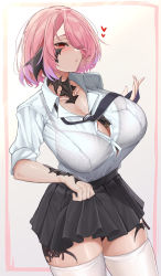Rule 34 | 1girl, absurdres, au ra, bannou ippoutsukou, between breasts, black bra, black necktie, black scales, black skirt, blush, bob cut, bra, bra visible through clothes, breasts, button gap, cleavage, collarbone, collared shirt, commission, condom, condom between breast, condom wrapper, final fantasy, final fantasy xiv, fingernails, gradient hair, gyaru, heart, highres, holding necktie, lace, lace bra, large breasts, long fingernails, looking at viewer, loose necktie, multicolored hair, nail polish, necktie, original, pink hair, pink nails, pixiv commission, pleated skirt, raised eyebrows, red eyes, scales, school uniform, shirt, shirt tucked in, skirt, skirt grab, sleeves rolled up, slit pupils, solo, spoken heart, tented shirt, thighhighs, thighs, underwear, uniform, warrior of light (ff14), white shirt, white thighhighs