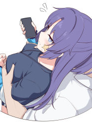Rule 34 | 1girl, blue archive, blue eyes, blue jacket, blush, grabbing another&#039;s breast, breasts, cellphone, grabbing, half updo, jacket, long hair, looking at viewer, medium breasts, off shoulder, phone, purple hair, shiseki hirame, short sleeves, simple background, star sticker, sticker on face, white background, yuuka (blue archive)