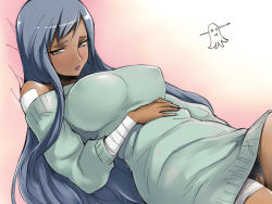 Rule 34 | 00s, 1girl, bandages, bare shoulders, blush, breasts, code geass, dark skin, dark-skinned female, female pubic hair, large breasts, lying, naked sweater, pubic hair, pussy, silver hair, sleeves pushed up, solo, sweater, uncensored, upskirt, villetta nu, yurikawa