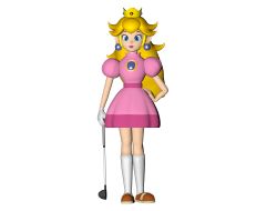 Rule 34 | 1990s (style), 1girl, 3d, absurdres, artist request, blonde hair, blue eyes, brooch, brown footwear, closed mouth, crown, dress, earrings, full body, golf club, high heels, highres, jewelry, long hair, looking at viewer, mario (series), mario golf, nintendo, non-web source, pink dress, princess peach, retro artstyle, smile, solo