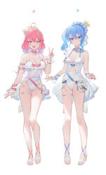 Rule 34 | 2girls, 35p (sakura miko), :&gt;, absurdres, ahoge, alternate costume, animal ear headwear, arm garter, asymmetrical hair, axe, bag, bare legs, beret, bikini, blue eyes, blue hair, blue headwear, blue nails, blush, breasts, choker, cleavage, closed mouth, commentary, crown, english commentary, fake animal ears, flower, frilled one-piece swimsuit, frills, full body, gluteal fold, green eyes, hair between eyes, hair flower, hair ornament, hairclip, handbag, hat, high heels, highleg, highleg swimsuit, highres, hololive, hoshimachi suisei, jewelry, light blue hair, long hair, looking at viewer, lser116, medium breasts, medium hair, mini crown, multiple girls, nail polish, navel, necklace, one-piece swimsuit, open mouth, pink choker, pink hair, pink nails, plaid headwear, sakura miko, sandals, see-through, see-through cuffs, shell, shell necklace, sidelocks, simple background, smile, smug, standing, star (symbol), star in eye, swimsuit, symbol in eye, thigh gap, thighs, tilted headwear, twintails, v, virtual youtuber, white background, white bikini, white choker, white footwear, white headwear, white one-piece swimsuit, wrist cuffs