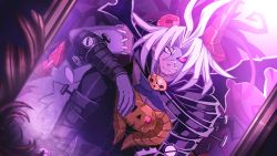 Rule 34 | 1boy, absurdres, game cg, glowing, glowing eyes, hair ornament, highres, horns, looking at viewer, makai shin trillion, mirror, nanameda kei, official art, pointy ears, red eyes, white hair, zeabolos