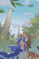 Rule 34 | 1girl, ahoge, blue cape, blue hair, cape, cloud, collared shirt, covered mouth, curled horns, day, dinosaur, dinosaur girl, horns, long hair, looking at viewer, mask, mouth mask, multicolored hair, one piece, outdoors, pink eyes, pink hair, pink mask, prehistoric animal, pterosaur, raine (acke2445), sauropod, shirt, solo, streaked hair, tree, ulti (one piece), white shirt