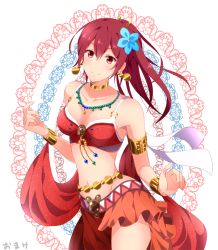 Rule 34 | 10s, 1girl, arabian clothes, armlet, belly chain, choker, dancer, earrings, flower, free!, harem outfit, iincho (airi8751), jewelry, lots of jewelry, matsuoka gou, midriff, navel, necklace, ponytail, red eyes, red hair, skirt, solo