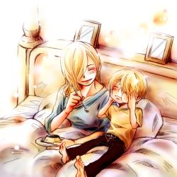 Rule 34 | 1boy, 1girl, age difference, blonde hair, food, long hair, mother and son, one piece, sanji (one piece), smile, vinsmoke family, vinsmoke sora