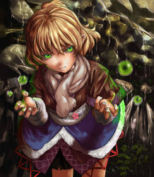 Rule 34 | 1girl, angry, belko, blonde hair, face, female focus, fingernails, flower, frown, green eyes, mizuhashi parsee, nail, open mouth, ponytail, scarf, short hair, skirt, solo, touhou