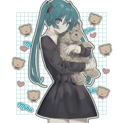 Rule 34 | 1girl, absurdres, aqua eyes, aqua hair, black dress, blush, character name, closed mouth, commentary request, dress, hair between eyes, hair ornament, hatsune miku, heart, highres, holding, holding stuffed toy, long hair, long sleeves, looking at viewer, simple background, solo, stuffed animal, stuffed toy, tachibana wataru (123tsuki), teddy bear, vocaloid