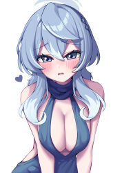 Rule 34 | 1girl, absurdres, ako (blue archive), ako (dress) (blue archive), backless dress, backless outfit, bare shoulders, blue archive, blue dress, blue eyes, blue hair, blue halo, blush, breasts, breasts squeezed together, cleavage, dated commentary, dress, hair between eyes, halo, highres, large breasts, looking at viewer, medium hair, metaljelly, official alternate costume, open mouth, simple background, sleeveless, sleeveless dress, solo, upper body, white background