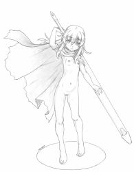 Rule 34 | 1girl, blue background, breasts, breasts apart, cape, censored, facing viewer, full body, greyscale, harumachi nagaaki, highres, long hair, long sword, looking at viewer, monochrome, naked cape, nude, pussy, skinny, small areolae, small breasts, small nipples, solo, sword, tagme, weapon, white background
